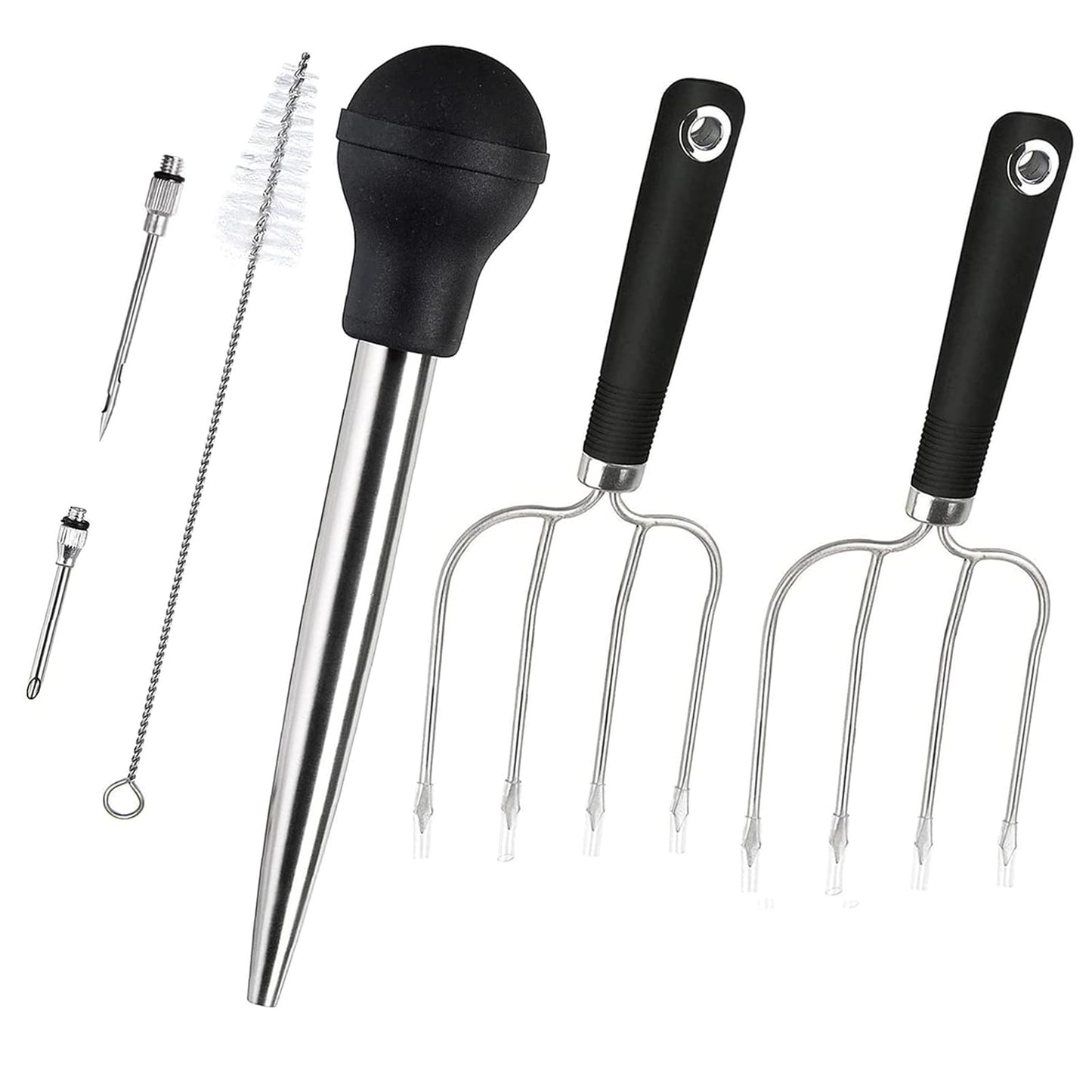 KAYCROWN Turkey Baster and Roast Lifters with Non-Slip Handle, Rubber Baster with 2 Marinade Needles & Stainless Steel Poultry Forks Set
