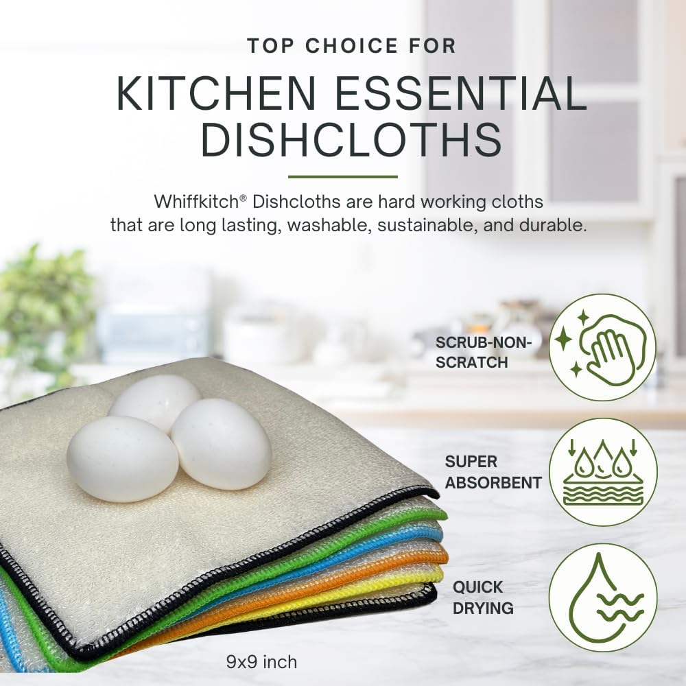 Whiffkitch Dishcloths & Towels for Kitchen – Drying, Absorbent, Washcloths, Durable, Non-Scratch, Multi-Surface Cleaning, 9x9 Inches Multi Color, 6 Pack