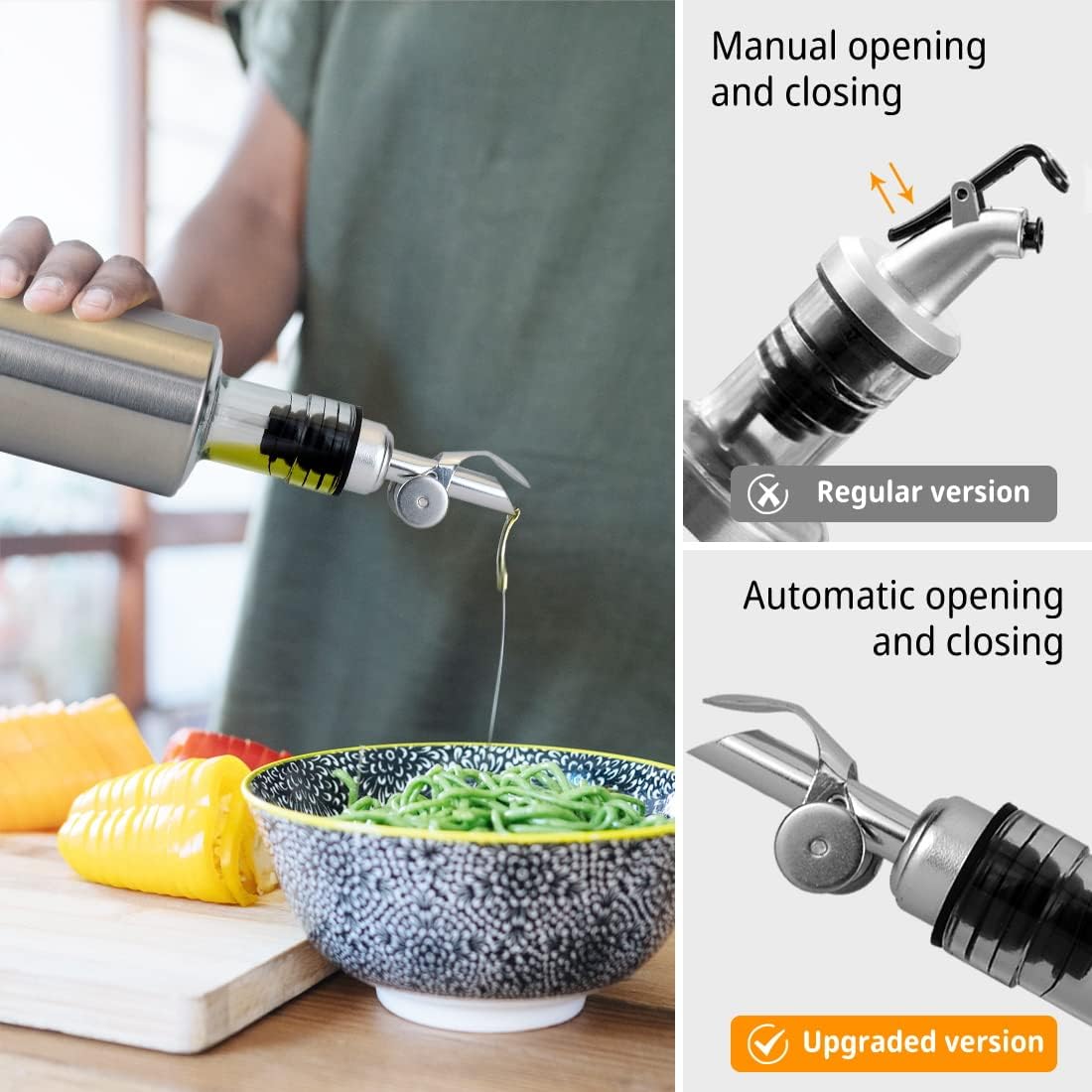 MEETSWEET Olive Oil Dispenser, Stainless Steel Automatic Opening and Closing Spout, Leak-Proof, for Olive Oil, Vinegar, Wine and Other Liquids (Golden) 2pcs