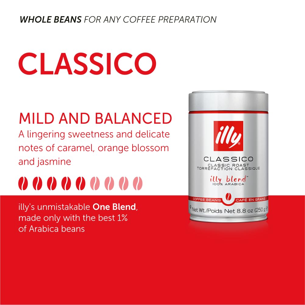 Illy Whole Bean Coffee, Classico Medium Roast - Mild & Balanced - 100% Arabica - Whole Beans - Pressurized Packaging Sealed for Freshness - 8.8oz can (Pack of 6)