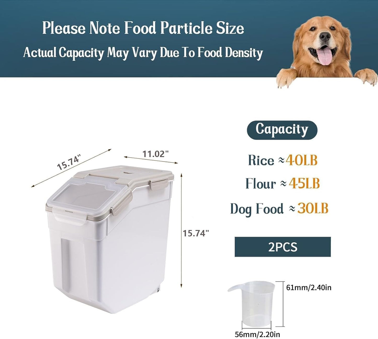 Airtight Flour Storage Container Bin 50lbs (2 Pack) - BPA Free Rice & Food Dispenser with Locking Lid, Measuring Cup & Scoop - Kitchen Pantry Organizer for Cereal, Grain, Pet Food (Grey)