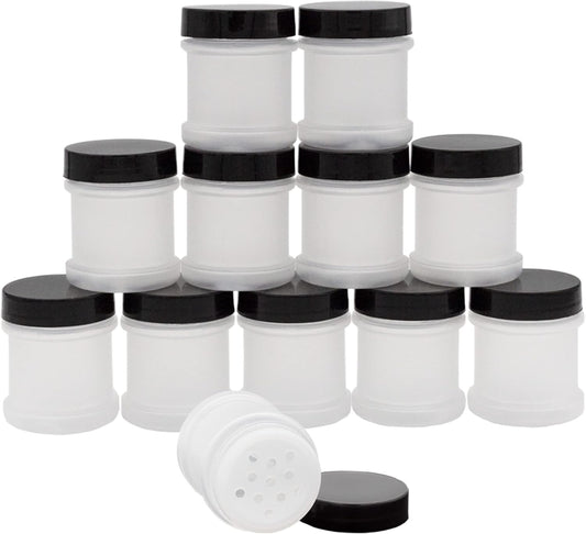 Cornucopia Brands Mini Plastic Spice Jars w/Sifters (12-Pack, Black); 2 Tablespoon Capacity (1 Fluid Ounce) Spice Bottles for Travel, Glitter, Gifts, Favors