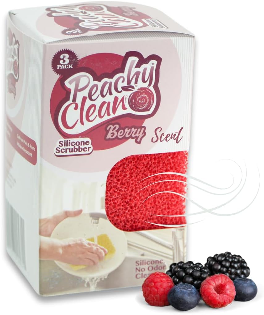 Peachy Clean Silicone Dish Sponge Scrubbers, Fresh Berry Scent, Non-Scratch, Odor-Resistant, Durable Dish Sponges for Kitchen.