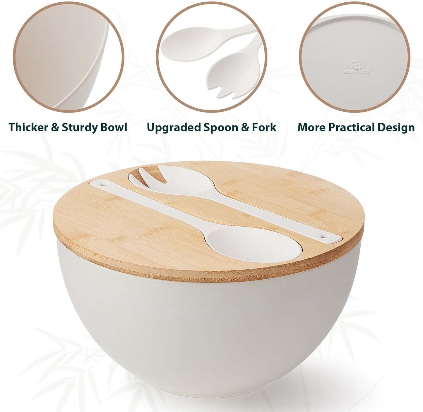 12.6" Extra Large Salad Serving Bowl Set with Wooden Lid&Utensils, 8.4Qt. Bamboo Fiber Salad Bowl with Servers for Kitchen, Lightweight Big Bowl White for Mixing Salad,Fruit,Pasta