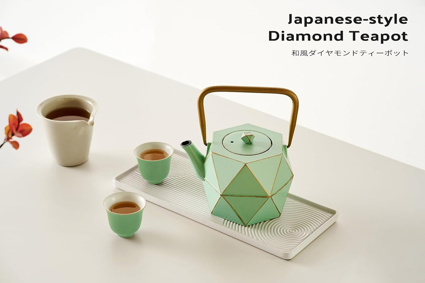Toptier Cast Iron Teapot, Stovetop Safe Japanese Cast Iron Tea Kettle, Diamond Design Tea Pot with Removable Infuser for Loose Tea, 30 Ounce (900 ml), Light Green
