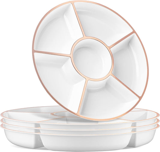 Plasticpro 6 Sectional Round Plastic Serving Tray/Platter (4, White & Rose Gold)