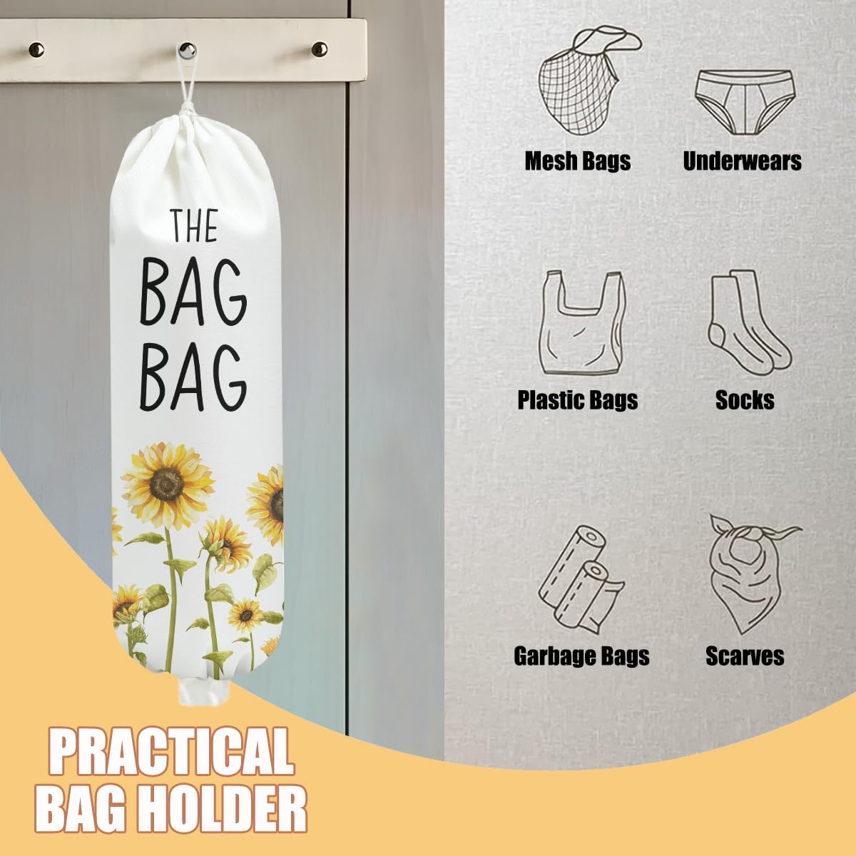 2 Pcs Sunflower Plastic Bag Holder, Lemon grocery bag holder for plastic Storage bag, Reusable Grocery Bag Organizer with Drawstring, Pull Rope Free Adjustment, Home Kitchen Pantry Decor, 22.5x9 Inch