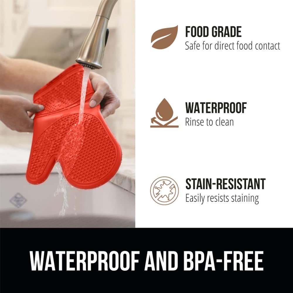 GORILLA GRIP BPA-Free Soft Silicone Oven Mitts, 14.5x8.3, Heat Resistant and Waterproof Cooking Gloves, Thick Cotton Lining, Flexible Gripping for Baking Grilling, Kitchen Potholders Set of 2, Coral