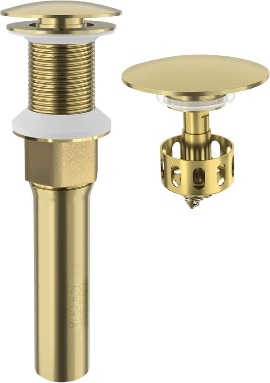 KAIYING Pop Up Drain, Bathroom Sink Drain Stopper, Vessel Sink Drain Assembly with Detachable Basket Stopper, Anti-Explosion and Anti-Clogging Drain Strainer (NO Overflow, Brushed Champagne Gold)