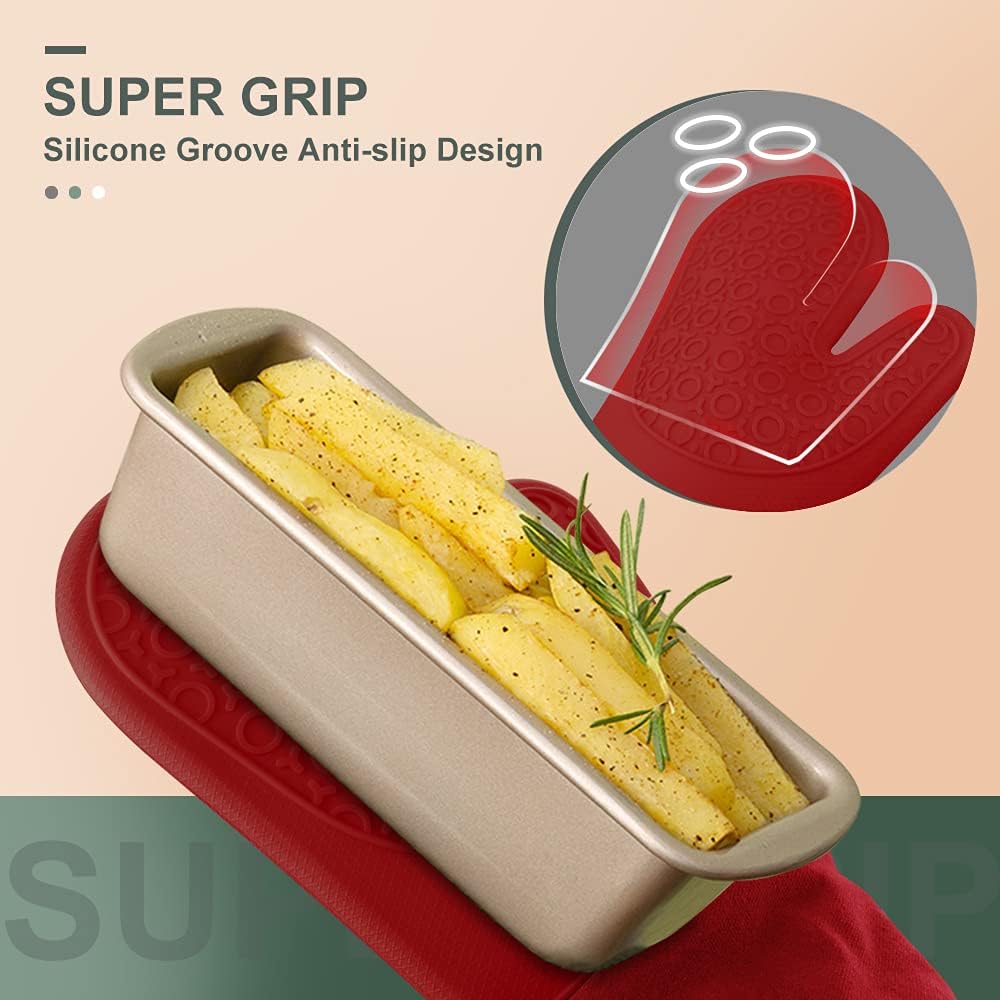 sungwoo Extra Long Silicone Oven Mitts, Heat Resistant Oven Gloves with Quilted Liner Non-Slip Textured Grip Perfect for BBQ, Baking, Cooking and Grilling - 1 Pair 14.6 Inch Empire Red