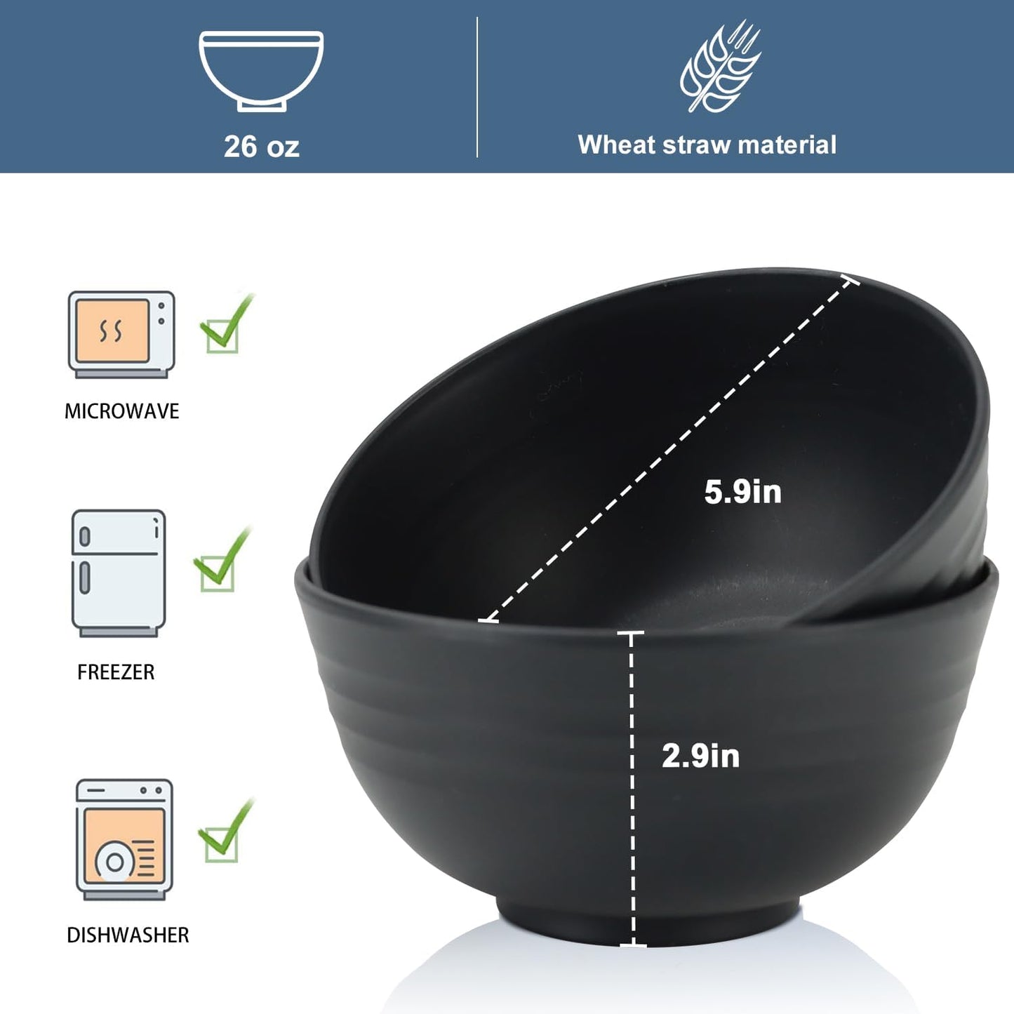 Wheat Straw Bowl Sets,8 PCS Unbreakable Cereal Bowls 26 OZ,Microwave and Dishwasher Safe Bowls,Alternative Plastic Bowl Reusable for cereal,salad,snack and soup (Pure Black)