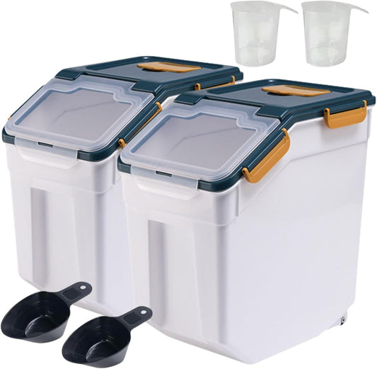 PENCK Large Flour Storage Container 25lbs, 2 Pack Airtight Rice Dispenser, BPA Free Plastic Cereal Grain Organizer Dog Cat Food Bin with Measuring Cup&Scoop for Kitchen Counter Top(Blue)