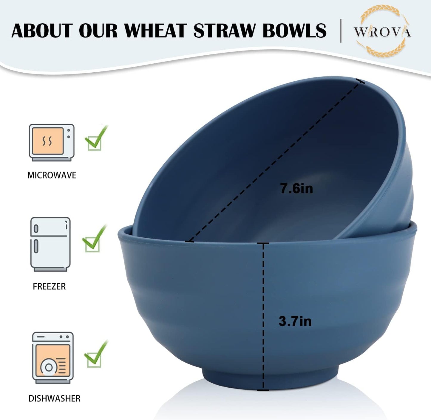 Wheat Straw Bowls Set 60 OZ Unbreakable Large Cereal Bowls Set of 6 Microwave and Dishwasher Safe Bowls Big Bowls for Camping and Party BPA Free Soup Bowl for Serving Oatmeal and Salad (Blue)