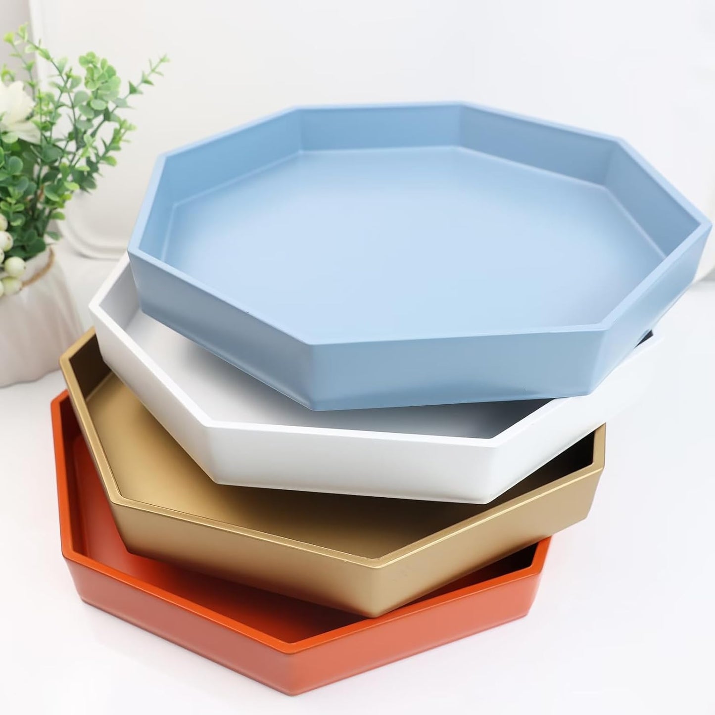 Spsyrine White Plastic Serving Tray for Ottoman, Coffee Table, Regular Octagon Decorative Tray for Entertaining, Outdoor, Living Room, Home Decor