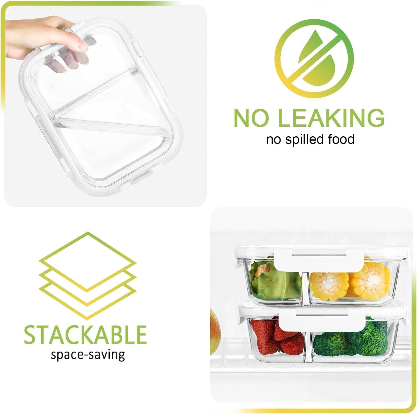 [5-Pack,36 Oz]Glass Meal Prep Containers 2 Compartments Portion Control with Upgraded Snap Locking Lids Glass Food Storage Containers, Microwave, Oven, Freezer and Dishwasher (4.5 Cups, White)