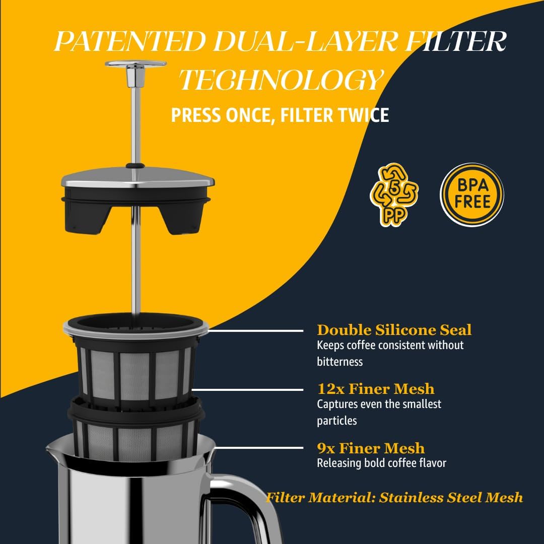 ESPRO P7 French Press Coffee Maker - Double-Walled Stainless Steel Insulated with Micro-Filter, 32 Ounces, Polished Stainless Steel