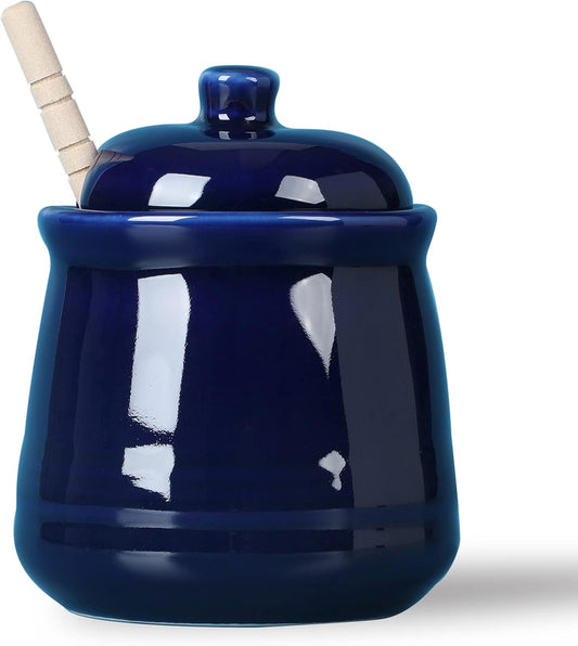 LEETOYI Porcelain Honey Jar with Lid and Dipper,Ceramic Honey pot,12oz (Navy)