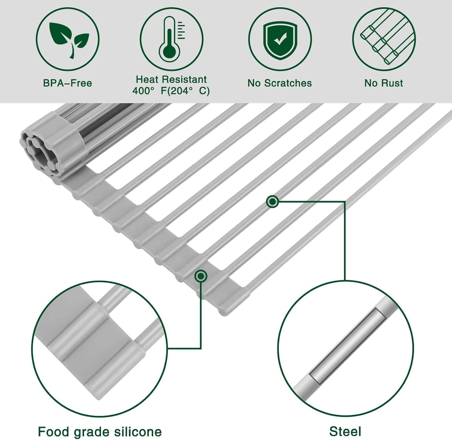 Roll Up Dish Drying Rack Over The Sink Kitchen Roll Up Sink Drying Rack Multipurpose Foldable Sink Drying Mat, Heat-Resistant, Anti-Slip & Anti-Rust Dish Rack for Kitchen, 17" x 13", Grey