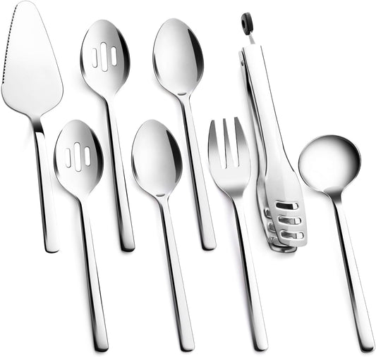 KINGSTONE Large Hostess Serving Utensils Set, 18/10 Stainless Steel Heavy Duty 10-inch Serving Utensils, Slotted Spoons, Forks, Tongs, Cake Pie Server for Buffet, Wedding, Party