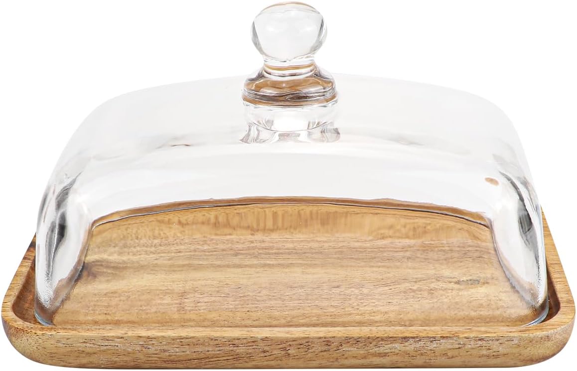 Glass Butter Dish with Lid Clear Glass Butter Keeper Container for Butter, Cream Cheese, and Dessert Cake（Acacia）