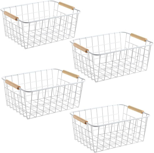 LeleCAT White Wire Baskets for Organizing with Handles，Pantry Organizers and Storage For Kitchen, Household Snack Basket for Cabinets, Closets, Bedrooms,food - Set of 4(White)