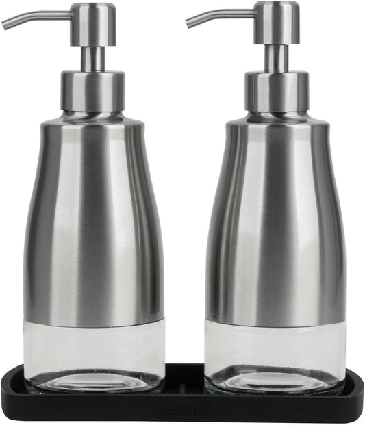 Kitchen Soap Dispenser Set with Silicone Tray and Stickers - Brushed Nickel, Stainless Steel Glass Soap Dispenser Bathroom, Refillable Hand Dish Soap Dispenser for Kitchen Sink