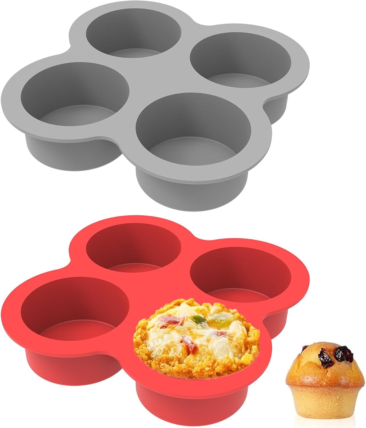 Silicone Egg Bite Molds- 4 Cups Air Fryer Egg Mold, Silicone Egg Molds Ideal For Muffins, Cakes, Pies, Breads (2 Pcs Red + Gray)