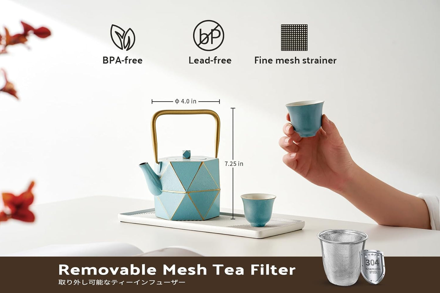 Toptier Cast Iron Teapot, Stovetop Safe Japanese Cast Iron Tea Kettle, Diamond Design Tea Pot with Removable Infuser for Loose Tea, 30 Ounce (900 ml), Blue