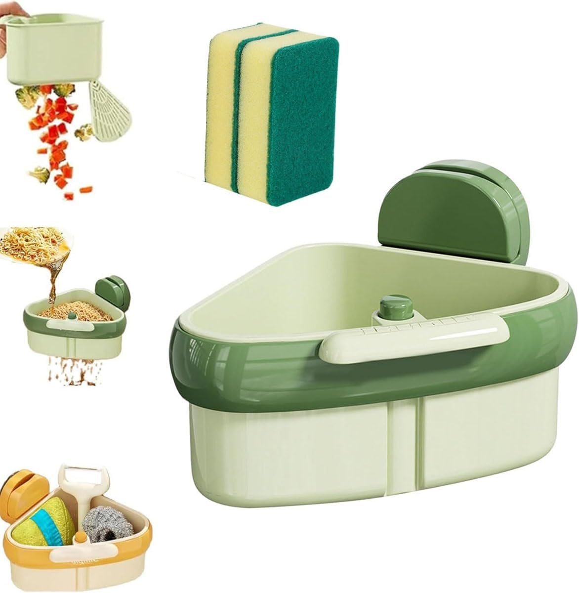 Suction Cup Sink Corner Rack, Triangular Sinks Basket Shelf with Suction Cup Sucker, Plastic Sink Storage Rack Holder, Trash Catcher, Corner Hanging, for Kitchen Bathroom Dishware(Green)