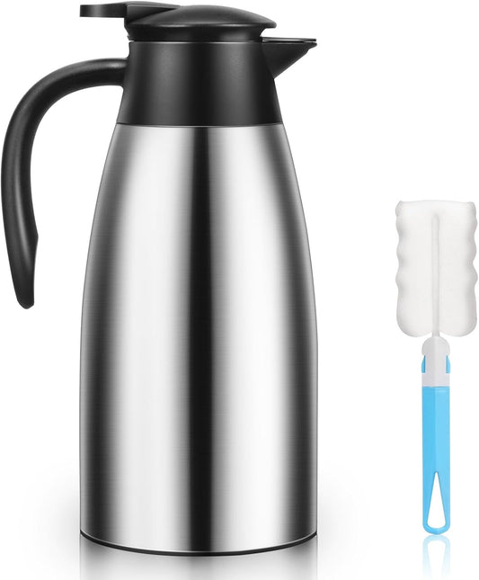 1 PCS 68 OZ Thermal Coffee Carafe, Insulated Stainless Steel Coffee Carafe Double Walled Vacuum Thermal Pot Flask with Brushes Thermos for Keeping Hot Coffee Tea Home and Office (Silver)