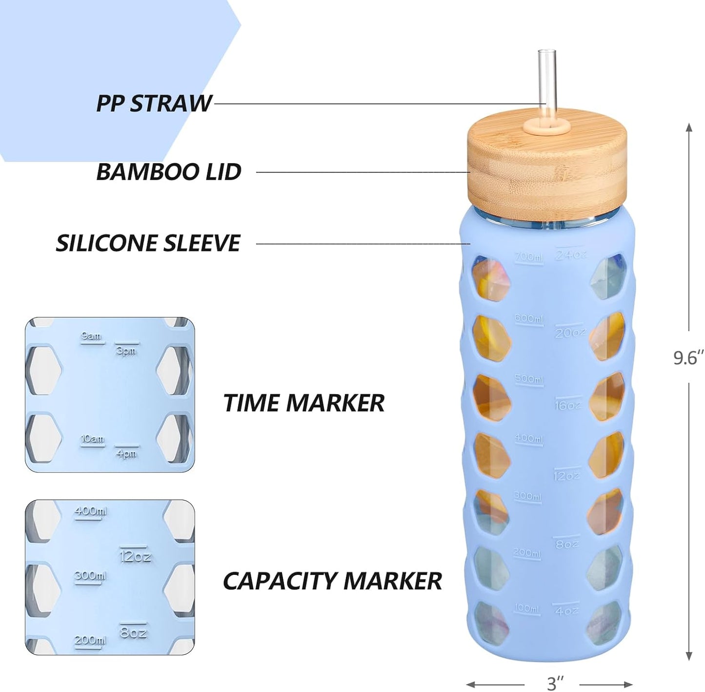 MUKOKO Glass Water Bottles,24oz Glass Tumbler with Straw,Drinking Bottles with 2 Lids-Handle Spout Lid&Bamboo Straw Lid,Motivational Water Bottle with Time Marker and Silicone Sleeve,1 Pack-Glacier