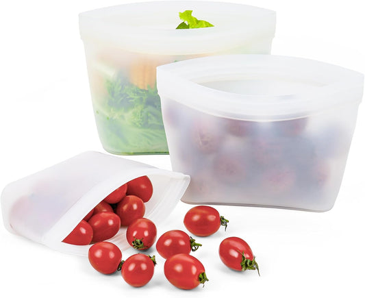 Silicone Bags for Food Storage, Reusable Zip Lock Silicone Food Storage Containers Stand Up Snack Bags, Freezer Microwave Oven Dishwasher Safe, Plastice BPA-Free 3 Pack(40oz 20oz 12oz)