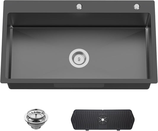 Black 33x19 In Drop In Kitchen Sink-Stainless Steel Topmount Modern Single Bowl Kitchen Sink Come With Silicon Mat,Drain Strainer Set Offer Large Basin And Compatibility With Various Kitchen&Bar Style