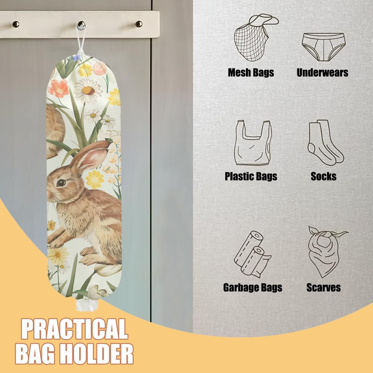 Rabbit Bunny Plastic Bag Holder, Wall Mount Grocery Bag Holder, Plastic Storage bag, Pull Rope Free Adjustment, Plastic Bag Holders for Grocery Bags, Plastic Bag Dispenser for Home Kitchen Pantry