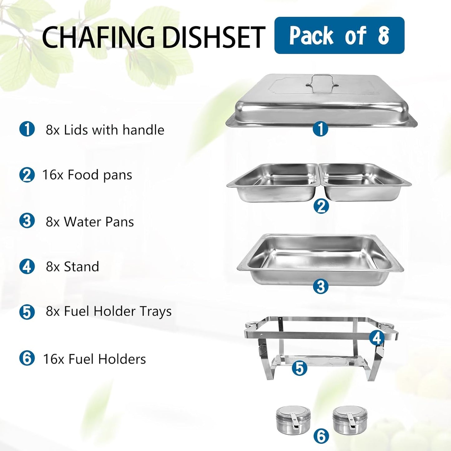 Chafing Dish for Buffet, 8 Pack Stainless Steel Chafing Servers Food Warmer Set with 8QT Half Size Food Pan for Kitchen Party Banquet Dining