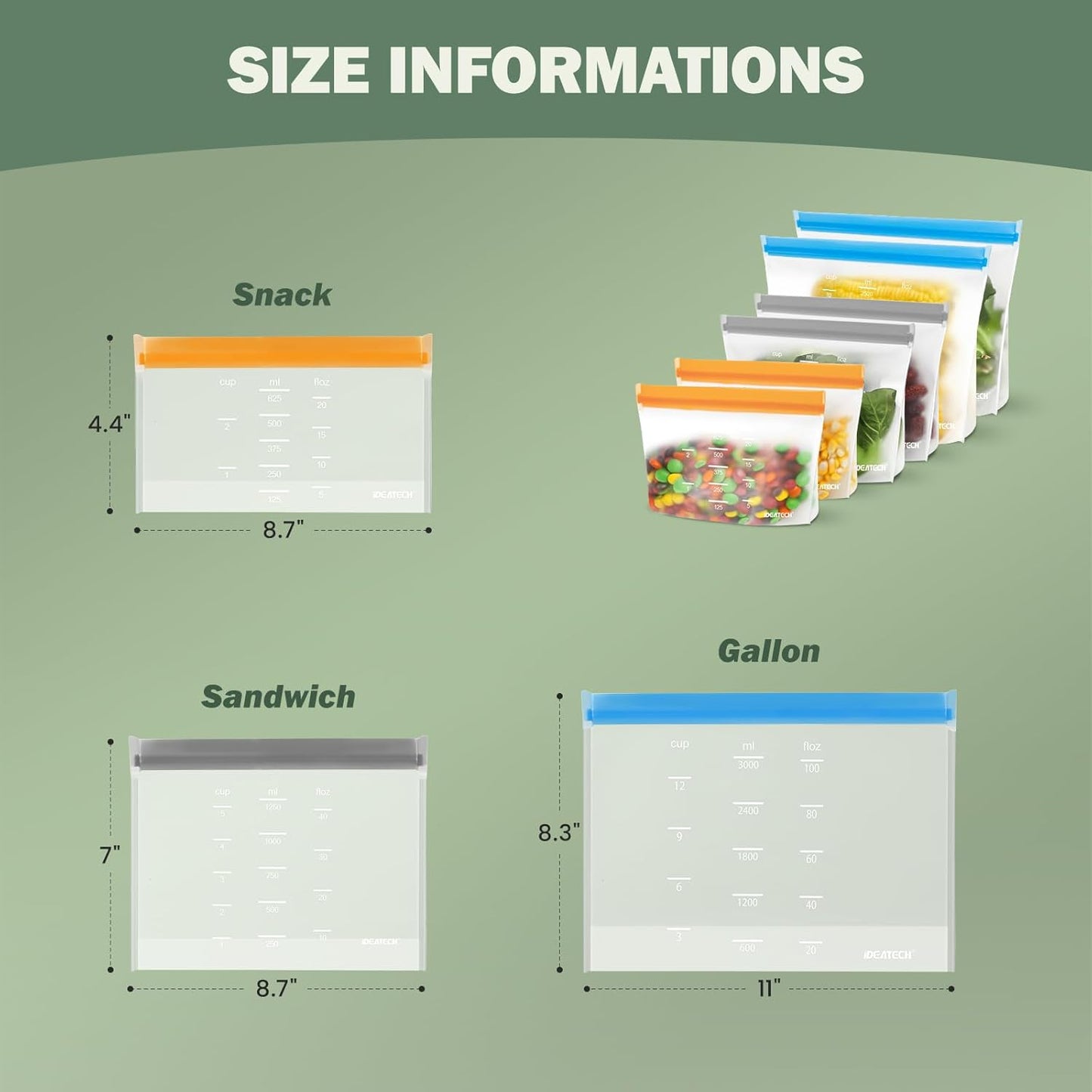 Dishwasher Safe Reusable Storage Bags Stand Up - BPA Free Reusable Sandwich Bags - Leakproof Gallon Freezer Bags, Silicone Food Storage Bags - Multicolor 3 Gallon + 3 Sandwich + 3 Snack Bags