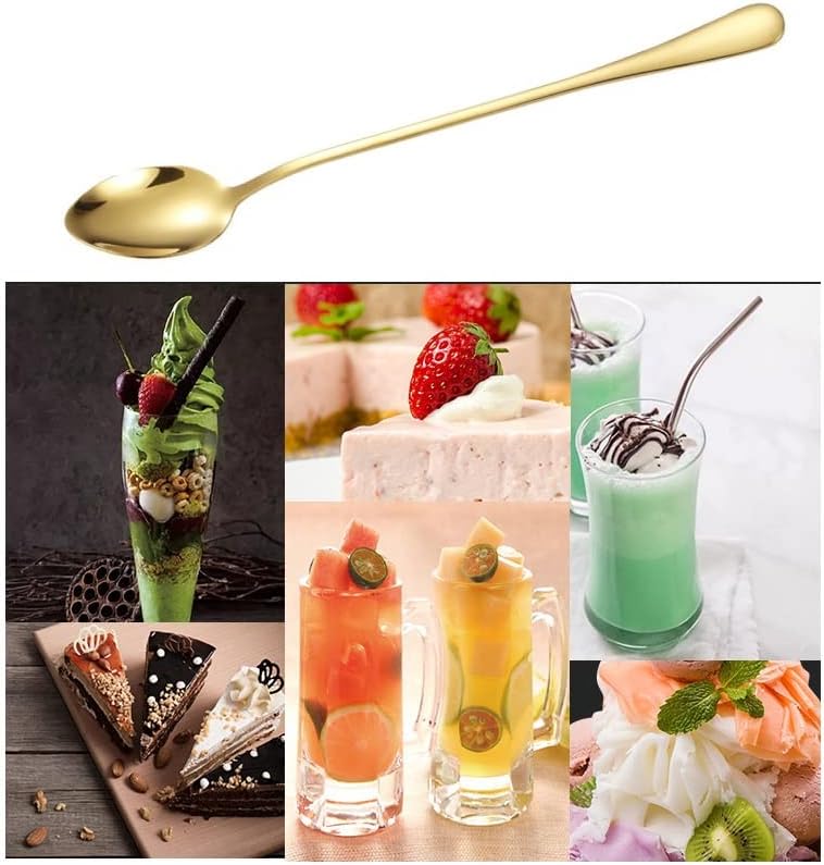 Set of 10 Long-Handle Spoons for Iced Tea, Coffee, and Desserts - Stainless Steel With Gold Plating Mixing Spoons