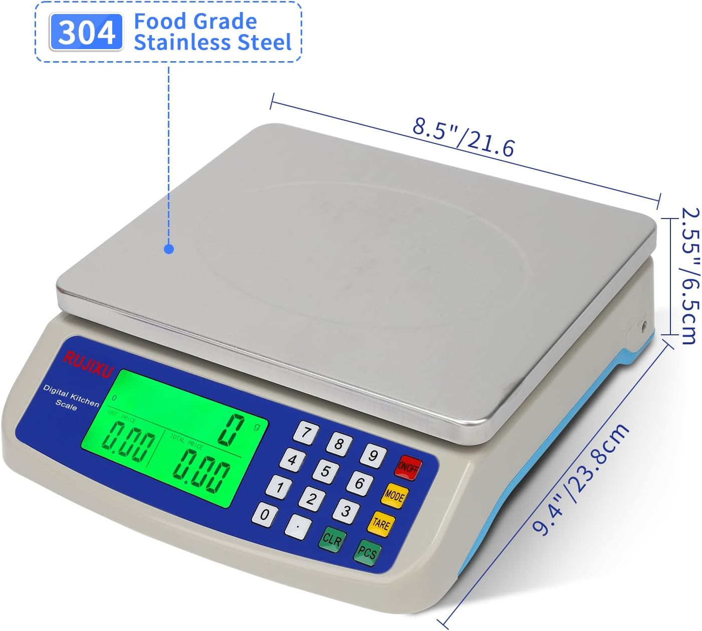 Large Digital Kitchen Scale 22LB Commercial Scale for Food Baking Bread Cooking Meat,Stainless Steel Price Computing Scale with LCD Display,Prep Counting Scale for Parts and Coins,Adapter Included