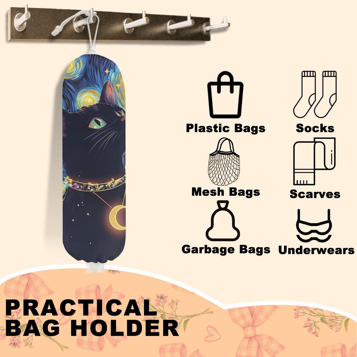 2 Pcs Cat Plastic Bag Holder, Wall Mount Plastic Bag Holders for Grocery Bags, Starry Night Cute Cats Washable Grocery Bags Storage Dispenser for Home Kitchen Decor, Cat Lover Gifts for Women