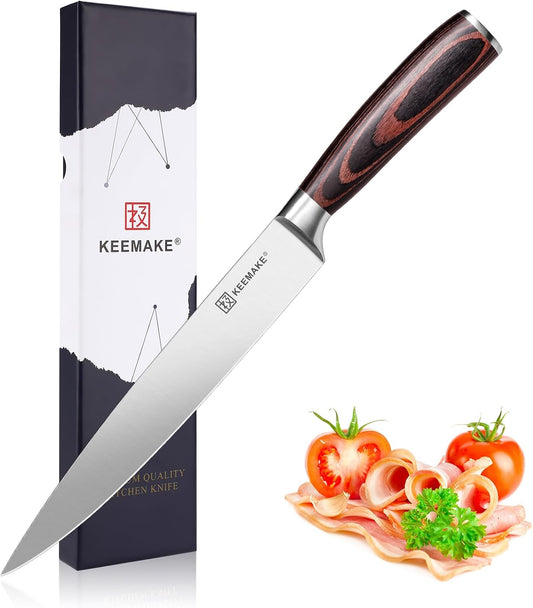 KEEMAKE Carving Knife for Meat - Razor Sharp 8 Inch Slicing Knife with High Carbon Stainless Steel Blade, Brisket Knives Meat Cutting Knives with Ergonomic Pakkawood Handle and Gift Box