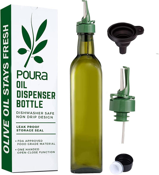Poura Glass Olive Oil Bottle Drizzler with Pourer Spout - Hygienic Open and Close Pourer Prevents Oxidation Keeping Olive Oil Fresh - Includes Funnel for No Mess Or Wastage