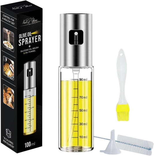 Oil Sprayer for Cooking -100ml Sprayers, Clear Transparent Glass Bottles, Food Grade, Refillable, Multi Purpose Oil Mister with Non Slip Cap, Oil Funnel & Silicone Brush