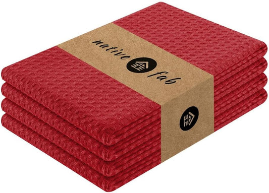 Native Fab Cotton Kitchen Towel with Hanging Loop 16x26 inches, 4-Pack, Waffle Weave Kitchen Towels for Cleaning Drying, Washcloths Soft & Absorbent Cloth Rags, Bar Towel, Dish Cloth, Red
