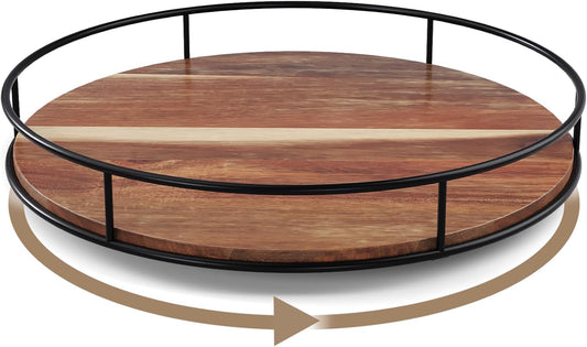 13 Inch Lazy Susan Organizer with Steel Frame for Kitchen,Acacia Wood Turntable for Cabinet,Pantry,Table,Pantry,Countertop,Refrigerator,Spice Rack