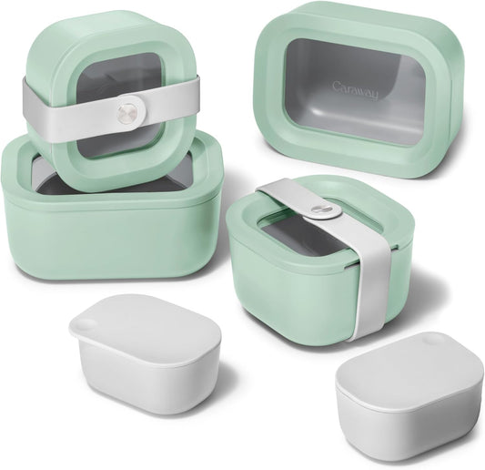 Caraway Mini Food Storage 11pc Set - Glass Storage Containers for Food - Non-Toxic Ceramic-Coated Glass - Air Release Technology - Compact & Stackable Design - Mist