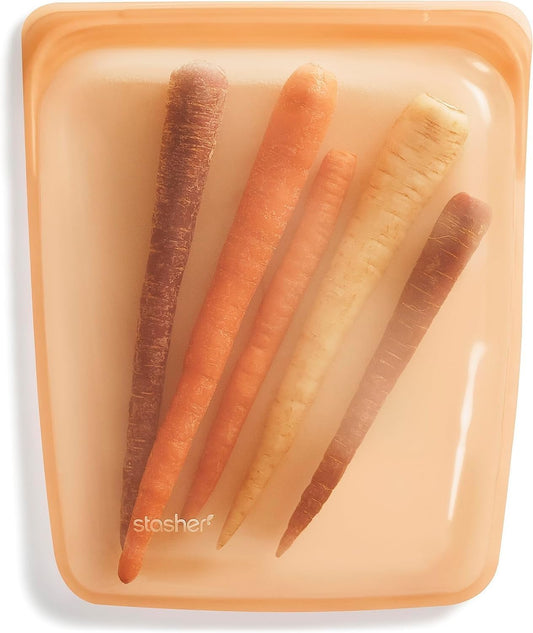 Stasher Premium Silicone Reusable Food Storage Half Gallon Bag, Orange, Microwave, Sous Vide, Dishwasher, Oven and Freezer Safe, BPA Free, Leak-free, Eco-friendly, 64 Oz