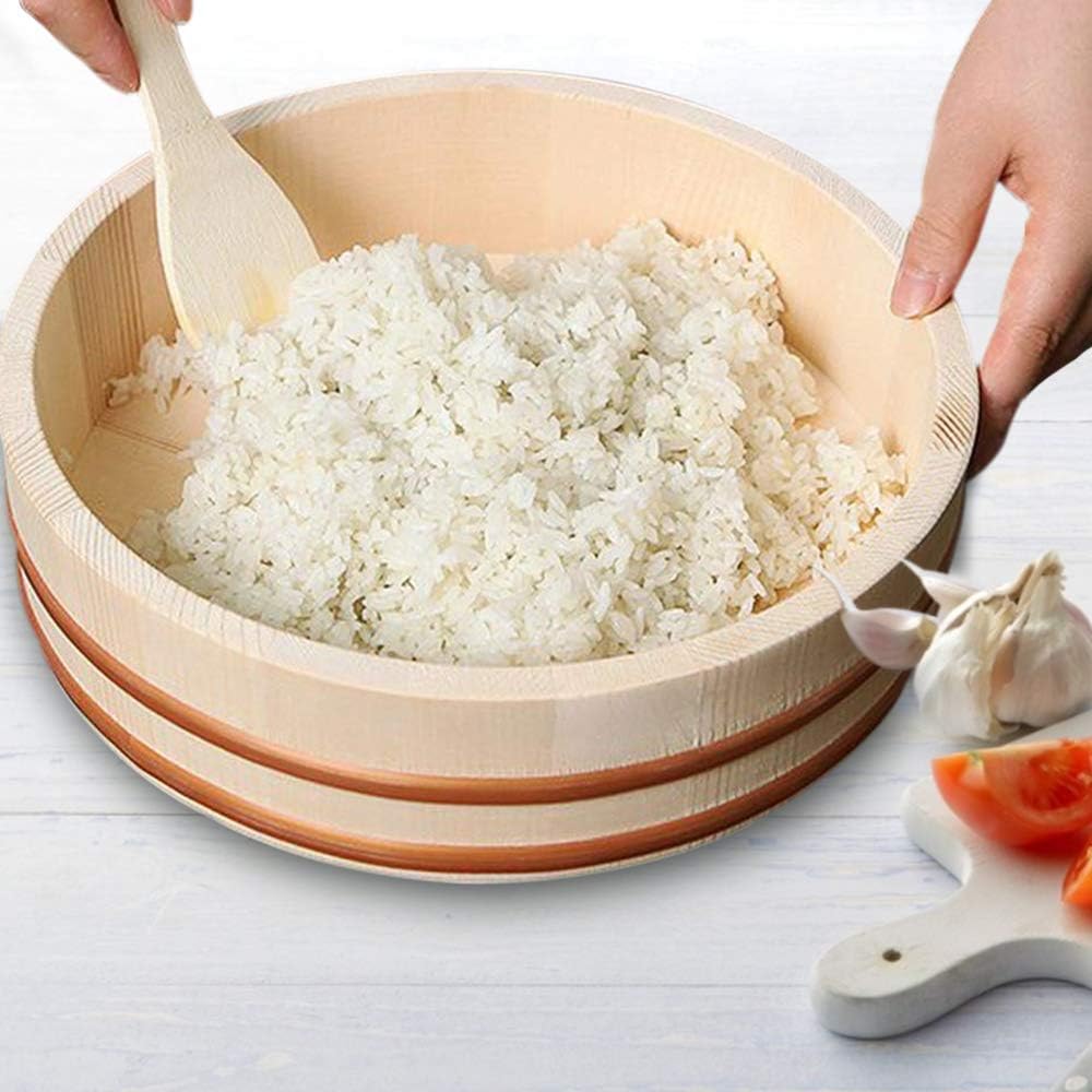 Kichgather 14.2 Inch Wooden Sushi Rice Bowl Hangiri Sushi Oke Rice Mixing Tub