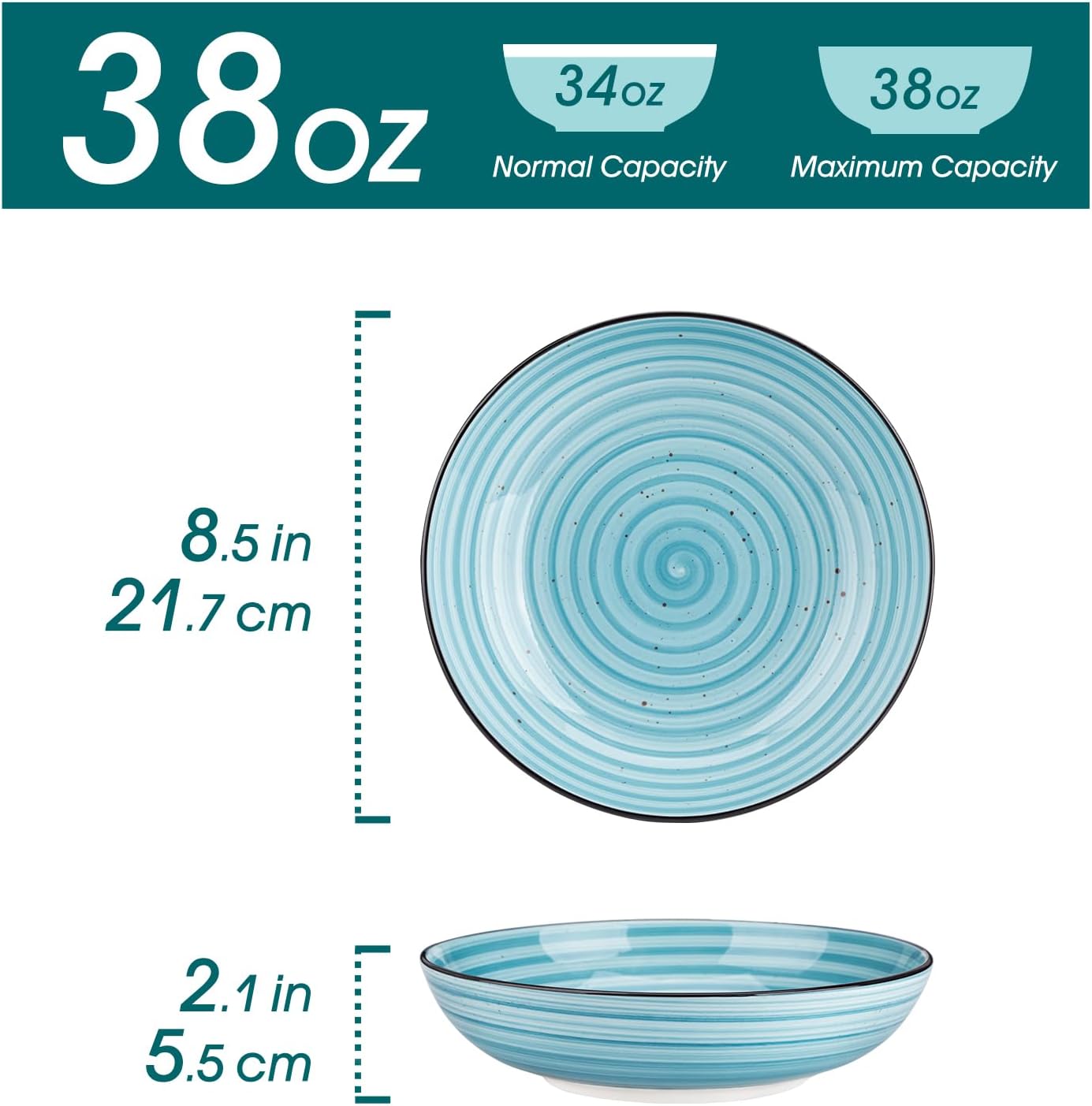 vancasso Bonbon Pasta Bowls Set of 6, 38 Oz Ceramic Salad Bowls, Wide and Shallow Bowls Set, Large Serving Bowls for Kitchen, Blue