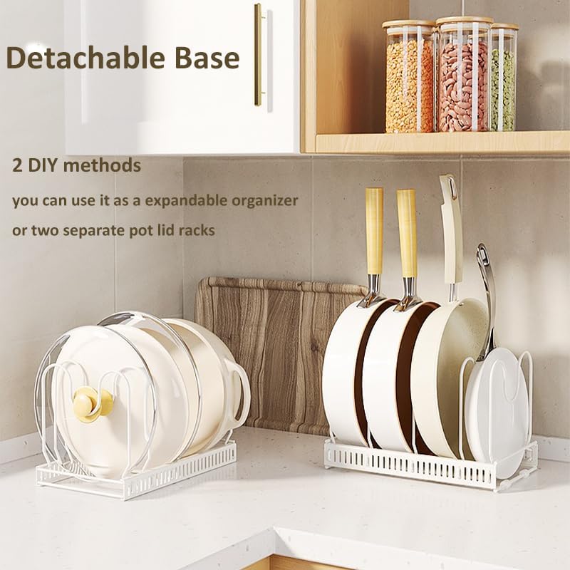 Expandable Pots and Pans Organizer Rack, Pot Lid Kitchen Cabinet Organizer Holder with 10 Adjustable Compartment, Cookware Rack for Kitchen Cabinet Storage, White