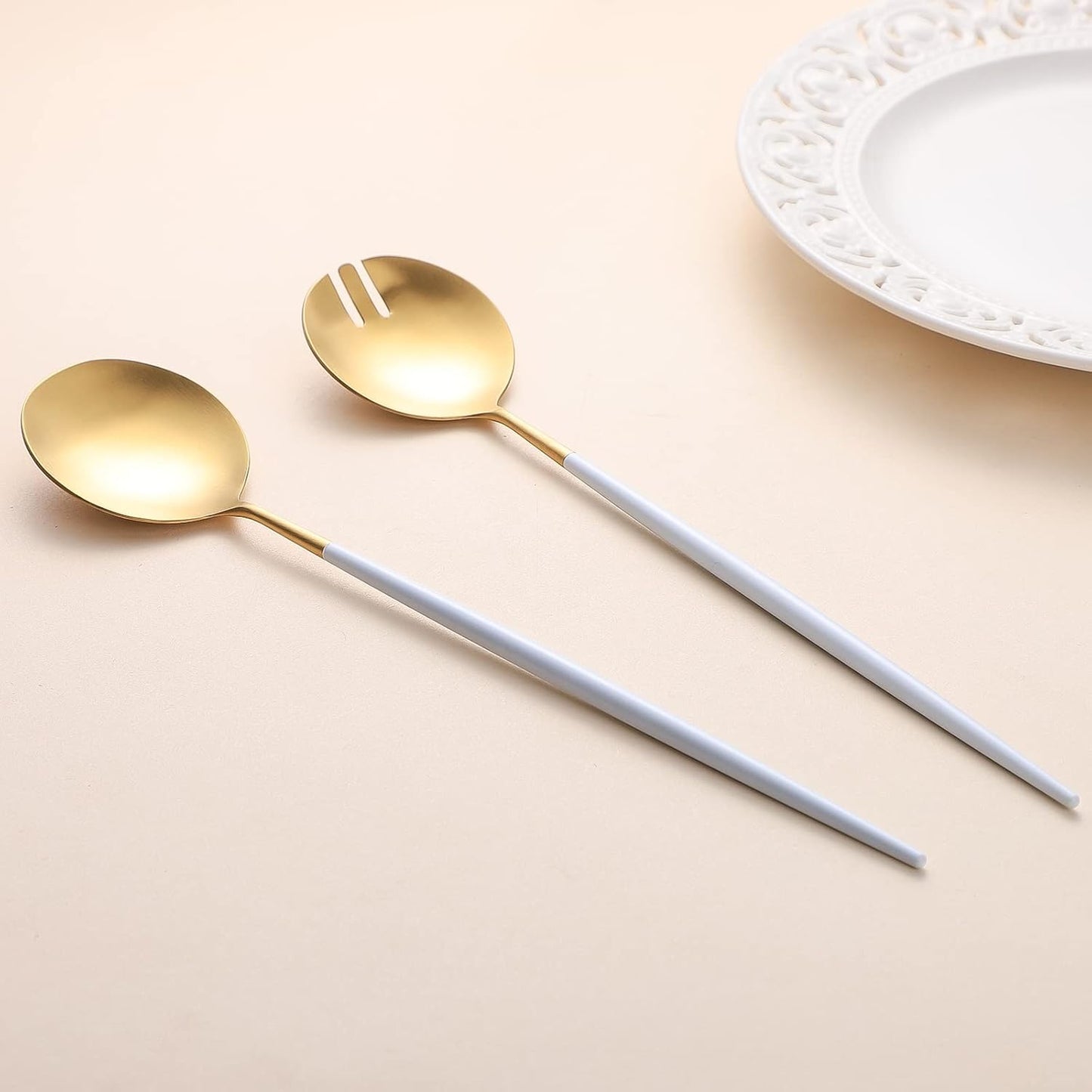 Salad Servers,Spoon and Fork Set 11.41 inch,18/10 Stainless Steel Salad Serving Titanium Plating (White gold)